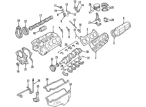 2000 Ford Explorer Engine Parts, Mounts, Cylinder Head & Valves, Camshaft & Timing, Oil Pan, Oil Pump, Balance Shafts, Crankshaft & Bearings, Pistons, Rings & Bearings Front Mount Diagram for F87Z-6038-JA