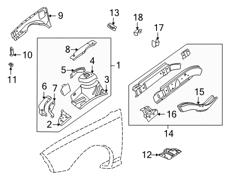 1996 Pontiac Sunfire Structural Components & Rails Extension-Engine Compartment Inner Side Rail RH Diagram for 22641716