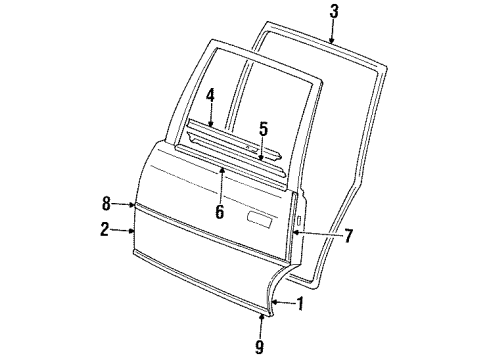 1993 Oldsmobile Cutlass Cruiser Rear Door & Components, Exterior Trim Molding Asm, Rear Side Door Center <Use 1C5N*Paint To Mat Diagram for 88961215