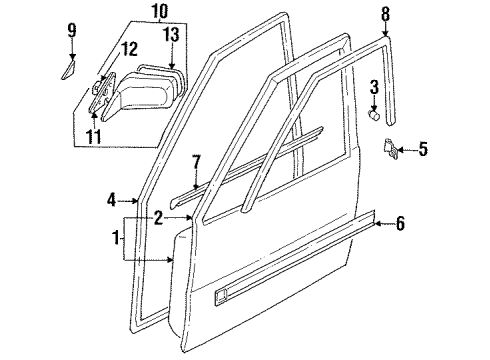 1989 Nissan Stanza Front Door & Components, Outside Mirrors, Exterior Trim Rubber Bumper Diagram for 80896-01E00