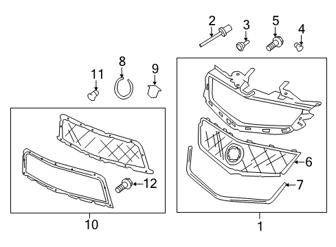 2015 Cadillac CTS Grille & Components Upper and Lower Grilles in Black Chrome with Black Chrome Surround and Cadillac Logo Diagram for 22901748