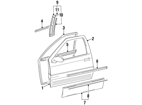 1991 Hyundai Scoupe Door & Components, Exterior Trim Moulding Assembly-Front Door Waist Line, RH Diagram for 87722-23101-CA
