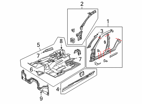 2006 Pontiac GTO Hinge Pillar, Rocker, Floor & Rails, Uniside Panel, Front Floor Diagram for 92123108