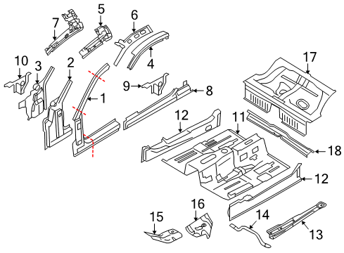2008 Ford Mustang Hinge Pillar, Rocker, Floor Gusset Diagram for 5R3Z-6302732-AA