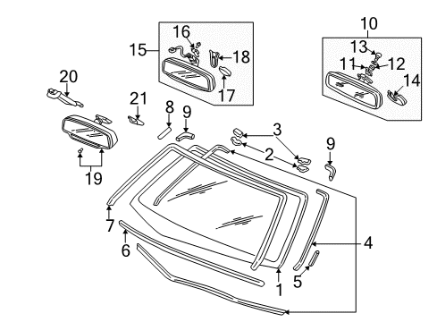 1998 Acura RL Windshield Glass, Inside Mirrors, Reveal Moldings Spring, Holder Diagram for 76419-SL4-003