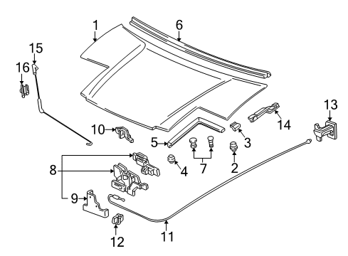 1997 Acura NSX Hood & Components Lock Assembly, Hood Diagram for 74120-SL0-A01