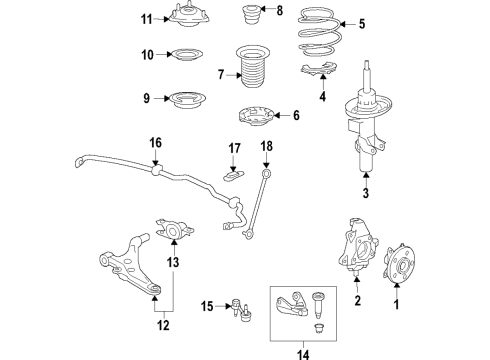 2019 Honda Civic Front Suspension Components, Lower Control Arm, Ride Control, Stabilizer Bar Bearing, Front Hub Unit Diagram for 44200-TGH-A11