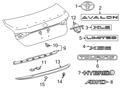 2021 Toyota Avalon Rear Spoiler, Exterior Trim Rear Spoiler Bolt Diagram for 90119-06A20