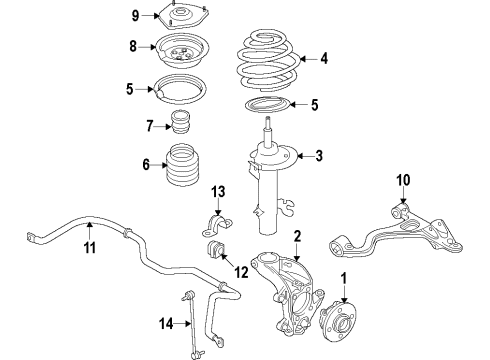 2014 Honda Accord Front Suspension Components, Lower Control Arm, Stabilizer Bar Bearing Assembly, Front Hub Diagram for 44300-T2A-A51