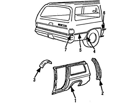 1989 GMC V1500 Suburban Quarter Panel & Components Rear Molding Diagram for 15740105