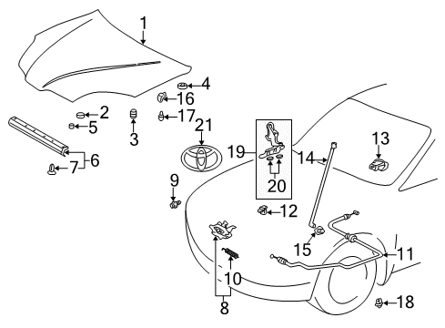 2002 Toyota Prius Hood & Components, Exterior Trim Release Cable Diagram for 53630-47020