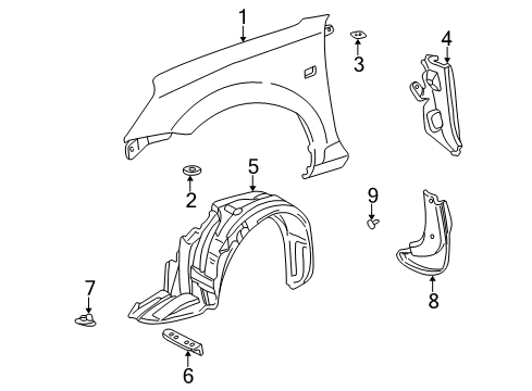 2002 Toyota MR2 Spyder Fender & Components, Exterior Trim Mudguard Sub-Assy, Front Fender, RH Diagram for 76621-17030-C0