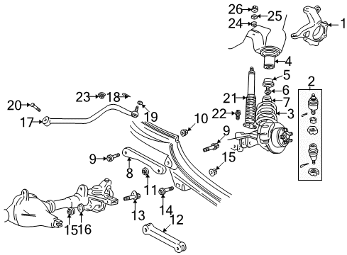 2001 Jeep Wrangler Front Axle, Lower Control Arm, Upper Control Arm, Stabilizer Bar, Suspension Components Steering Knuckle, Gray Diagram for 52067577