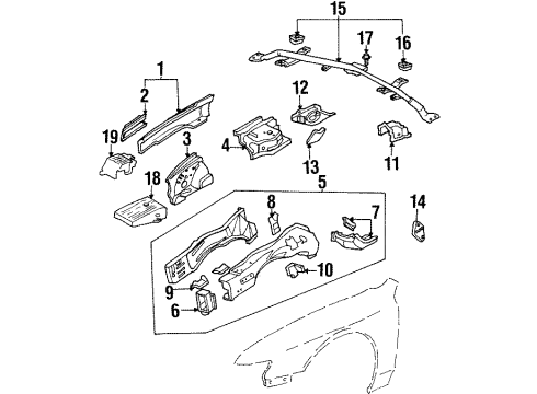 1997 Acura CL Structural Components & Rails Extension, L. FR. Wheelhouse (Upper) Diagram for 60716-SV7-A00ZZ