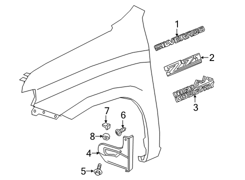 2021 Chevrolet Silverado 1500 Exterior Trim - Fender Mud Guard Diagram for 84621823