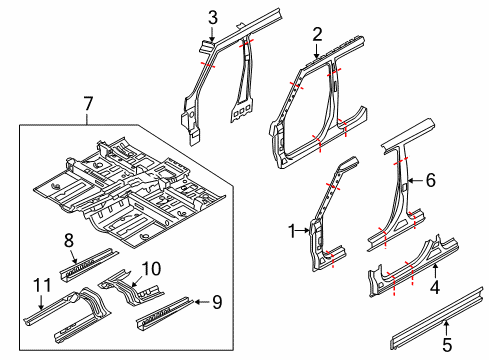 2011 Kia Soul Center Pillar, Hinge Pillar, Rocker, Floor Reinforcement Assembly-Side Outer Diagram for 711302K300