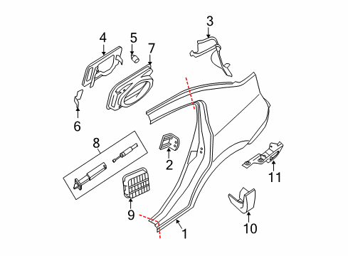 2011 Nissan Sentra Quarter Panel & Components, Exterior Trim Mud Guard Set-Rear, Left Diagram for 93821-ET00A