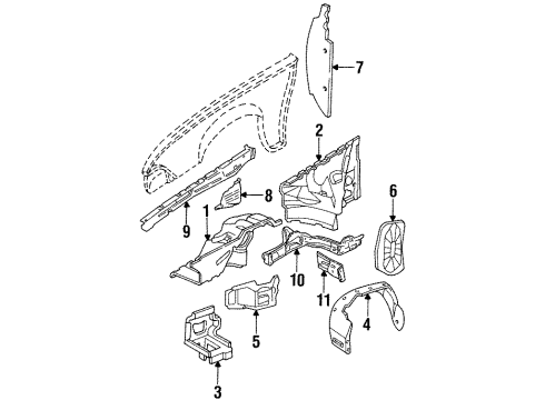 1990 Pontiac Sunbird Structural Components & Rails Panel-Front Wheelhouse Diagram for 22532573