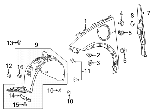 2022 Chevrolet Bolt EV Fender & Components Fender Liner Diagram for 42714342