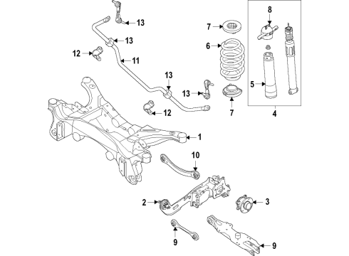 2021 Ford Bronco Sport Rear Suspension Components, Lower Control Arm, Upper Control Arm, Stabilizer Bar Crossmember Bushing Diagram for K2GZ-4B424-E