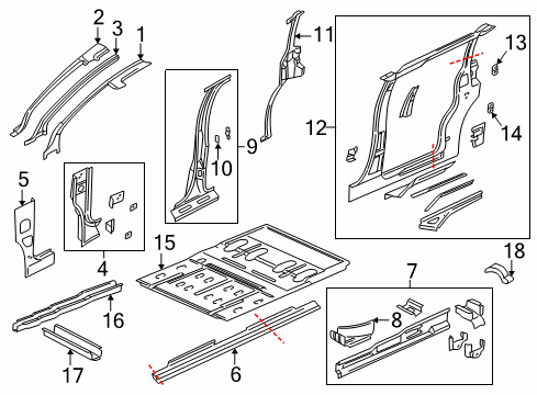2000 Pontiac Montana Aperture Panel, Center Pillar, Floor & Rails, Hinge Pillar, Rocker Panel Seat Belt Anchor Plate Diagram for 15734139