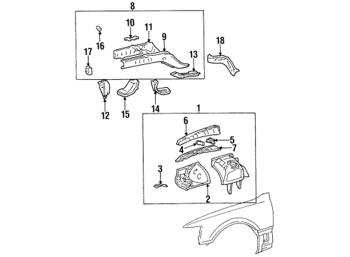 1995 Lexus LS400 Structural Components & Rails Reinforcement, Front Side Member, NO.3, RH Diagram for 57155-50010