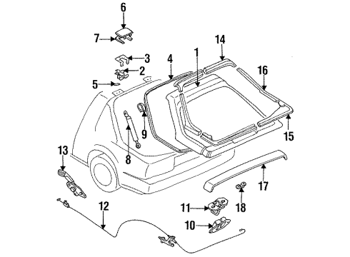 1989 Nissan Pulsar NX Lift Gate & Hardware, Spoiler, Exterior Trim Cable Trunk Lid Gas Filler Opener Diagram for 84650-84M05