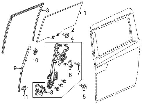 2011 Honda Odyssey Sliding Door Sash, L. RR. Slide Door Diagram for 72771-TK8-A01