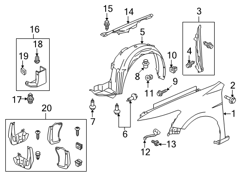2013 Honda Crosstour Fender & Components, Exterior Trim Fender Assembly, Right Front (Inner) Diagram for 74100-TP6-A50