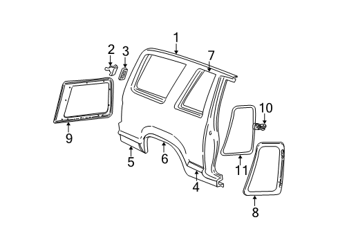 2000 Ford Explorer Quarter Panel & Components, Glass, Exterior Trim Body Side Molding Diagram for XL2Z-7829039-AAC