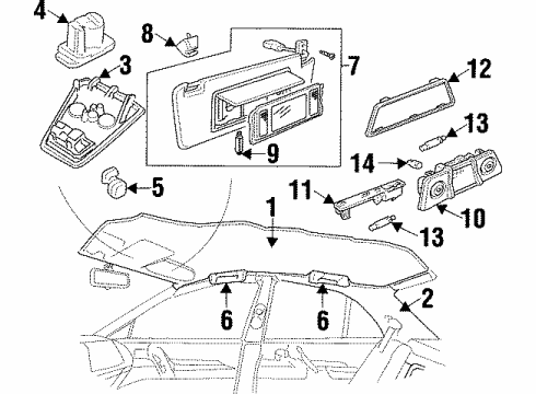 2000 Cadillac Catera Interior Trim - Roof Lamp, Roof Rail Courtesy & Reading Diagram for 90356926