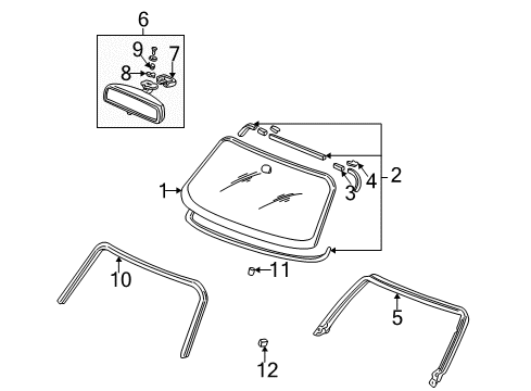 2003 Honda S2000 Windshield Glass, Reveal Moldings Weatherstrip, FR. Roof Pillar Diagram for 72320-S2A-043