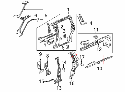 2007 Chevrolet Uplander Center Pillar, Hinge Pillar, Lock Pillar, Rocker Panel, Uniside Extension-Body Side Frame Upper Front Diagram for 15948753