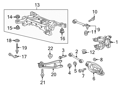 2012 Acura ZDX Rear Suspension Components, Lower Control Arm, Upper Control Arm, Ride Control, Stabilizer Bar Stay, Rear Subframe L Diagram for 50368-SZN-A00