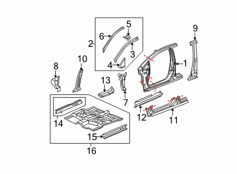 2007 Honda Fit Center Pillar, Hinge Pillar, Rocker, Floor & Rails Sill, R. FR. Inside Diagram for 65140-SLN-A20ZZ