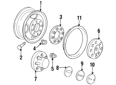 1988 GMC K1500 Wheels, Covers & Trim Truck Rear Wheel Cover Center Hub Cap Diagram for 15551466