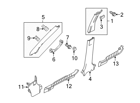 2010 Mercury Mariner Interior Trim - Pillars, Rocker & Floor Weatherstrip Pillar Trim Diagram for 9L8Z-7803598-AA