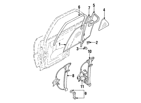 1996 Mitsubishi Mirage Rear Door Handle Rear Door Window REGULATORU Diagram for MB793921