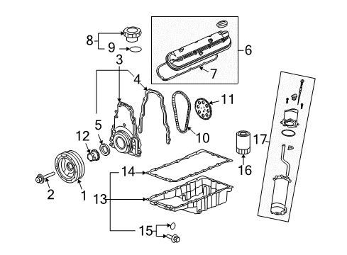 2006 Chevrolet Corvette Engine Parts, Mounts, Cylinder Head & Valves, Camshaft & Timing, Oil Pan, Oil Pump, Crankshaft & Bearings, Pistons, Rings & Bearings Cap Asm-Oil Filler Diagram for 12587599