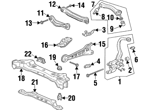 1998 Acura TL Rear Suspension Components, Lower Control Arm, Upper Control Arm, Stabilizer Bar Insulator E, Sub-Frame Mounting (Lower) Diagram for 50330-SZ5-000
