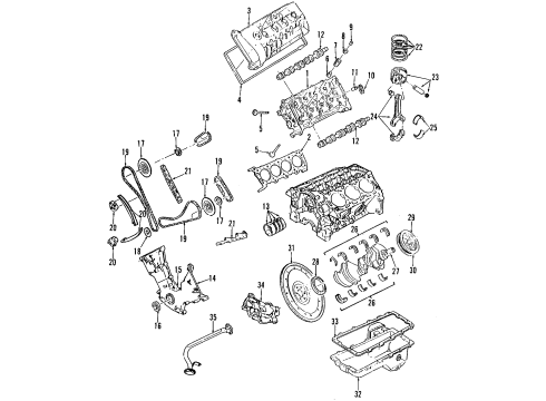 1998 Lincoln Mark VIII Engine Parts, Mounts, Cylinder Head & Valves, Camshaft & Timing, Exhaust Camshaft, Intake Camshaft, Oil Pan, Oil Pump, Crankshaft & Bearings, Pistons, Rings & Bearings Oil Pan Diagram for F5LY-6675-A
