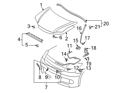 2006 Scion xA Hood & Components Support Rod Diagram for 53440-52020