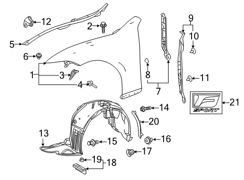 2018 Lexus LS500 Fender & Components, Exterior Trim Shield Sub-Assembly, Fender Diagram for 53805-50100