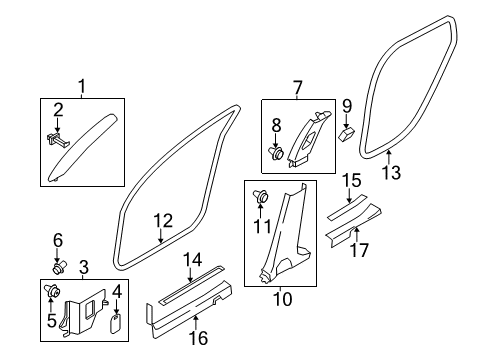 2012 Infiniti M37 Interior Trim - Pillars, Rocker & Floor Pad-Roof Rail Side Diagram for 73988-1MA0A