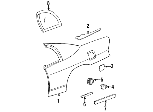 1998 Chevrolet Monte Carlo Quarter Panel & Components, Glass, Exterior Trim Molding, Quarter Panel Upper-RH Diagram for 12491265