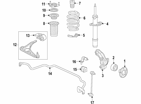 2018 Honda Odyssey Front Suspension Components, Lower Control Arm, Stabilizer Bar Bearing Assembly, Front Hub Diagram for 44300-TG7-A01