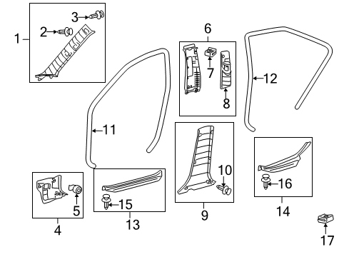 2010 Toyota Camry Interior Trim - Pillars, Rocker & Floor Windshield Pillar Trim Clip Diagram for 62217-33031