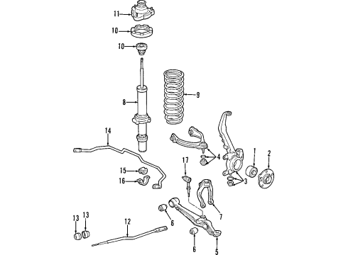 1998 Honda Prelude Front Suspension Components, Lower Control Arm, Upper Control Arm, Stabilizer Bar Shock Absorber Unit, Left Front Diagram for 51606-S30-A01