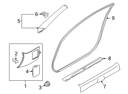 2014 Nissan 370Z Interior Trim - Pillars, Rocker & Floor GARNISH Assembly-Front Pillar, RH Diagram for 76911-1ET0A