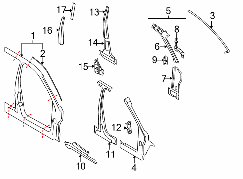 2008 Ford Focus Aperture Panel, Center Pillar, Hinge Pillar, Rocker Weatherstrip On Body Diagram for 8S4Z-5451822-A